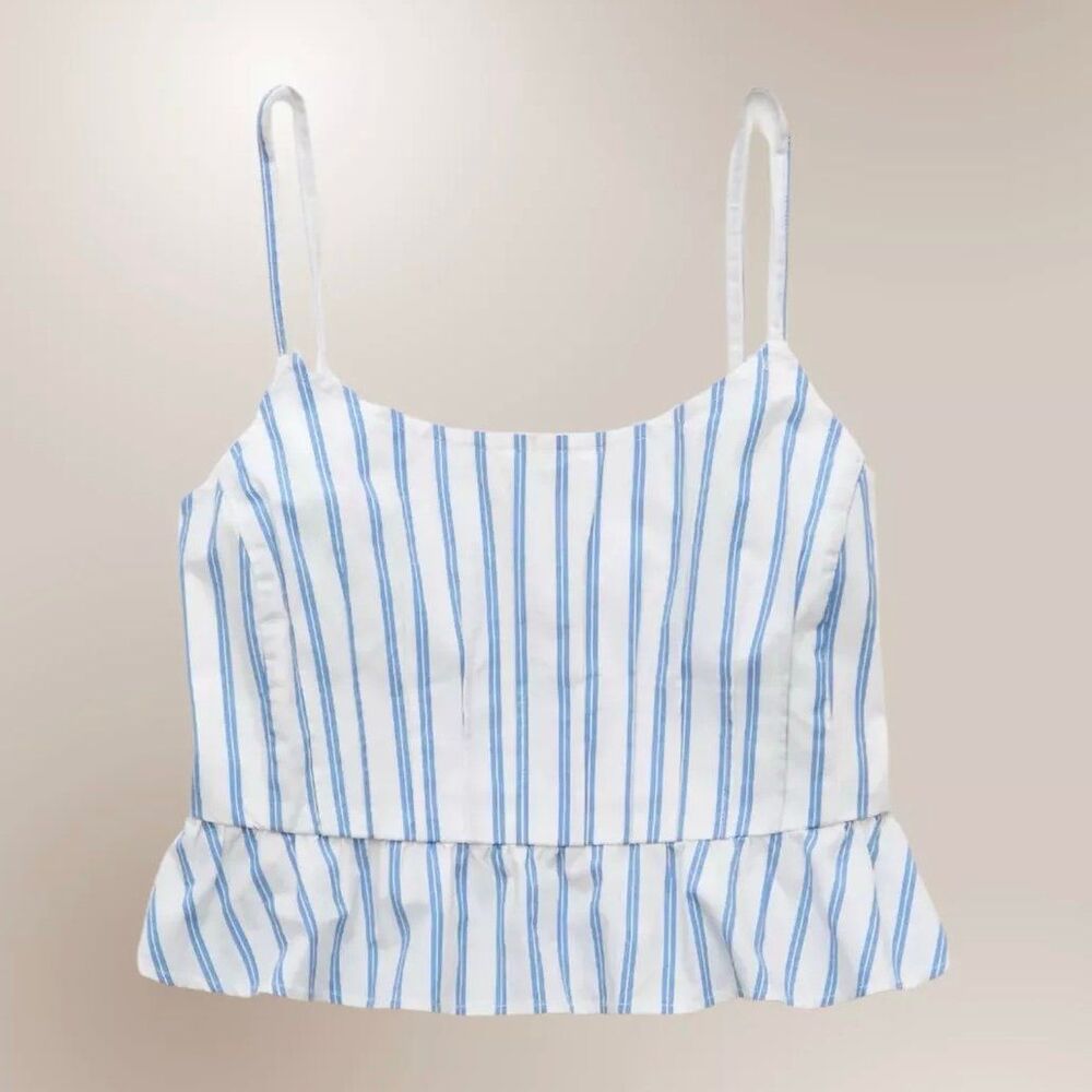 NWOT American Eagle Pin Stripe Spaghetti Straps Smocked Crop Peplum Tank Top XS
